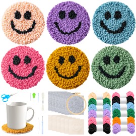 FoszaSzept Smile Punch Needle Coaster Kit, 22Pcs Embroidery Needle Coasters Crafts for Beginners, Easy DIY Mug Tufted Making Set with 6 Patterns Hoop Self Adhesive Felt Cloth Threading Device Gifts