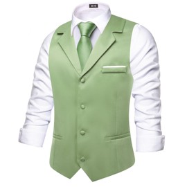 Hi-Tie Sage Green Waistcoat For Men Business Casual With 3 Pockets For Wedding or Tuxedo Vest V-Neck