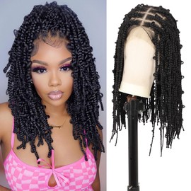 Lexqui 18" 360° HD Full Lace Braided Wigs for Women Short Knotless Butterfly Box Braid Wig with Baby Hair Human Hair Blended Lace Frontal Braid Wig Shoulder Length Braided Lace Front Wig Black