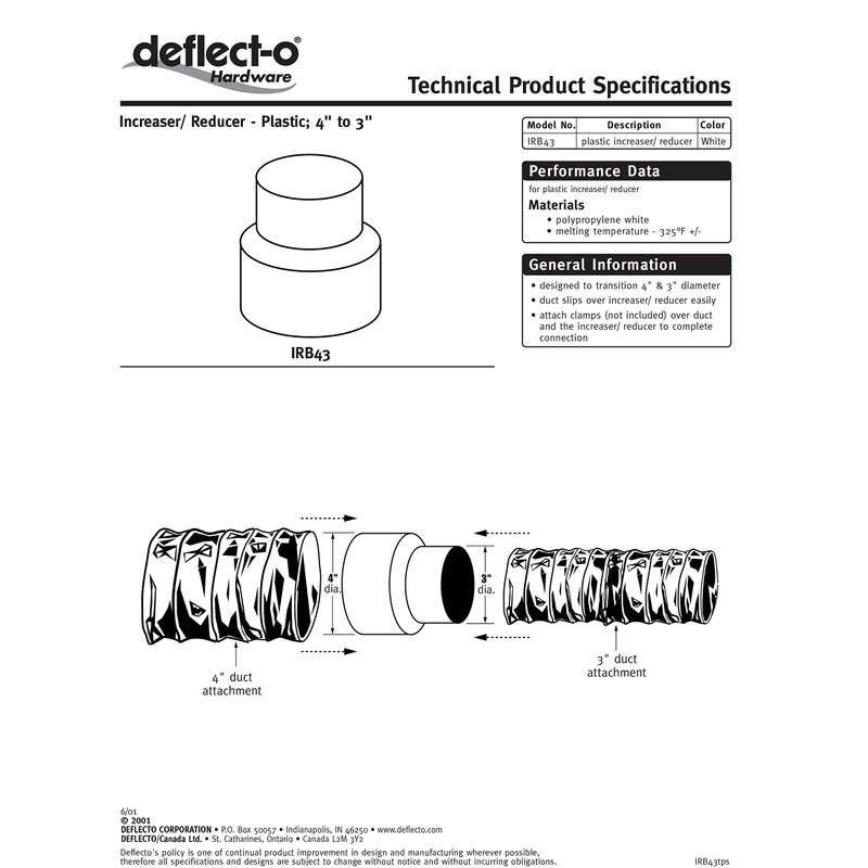 Deflecto Duct Increaser and Reducer, Plastic Inline Adapter, White, 4”