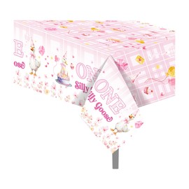 Lide Road 2Pcs Pink One Silly Goose Party Tablecloth Pink One Silly Goose Plastic Table Covers Gooses Themed Party Supplies Gooses Disposable Table Cover for 1st Birthday Supplies, 54x87In