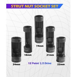 SCUARI 5PCS Strut Nut Socket,18MM 19MM 21MM 22MM 24MM Strut Nut Socket,Car Accessories Strut Socket,Suspension Strut Socket Tool with 12 Point 1/2" Drive,Used to Dismounting and Mounting Strut Nuts
