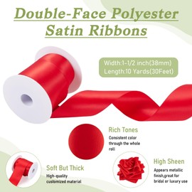 Craftdady Red Satin Ribbons 1-1/2 Inch x 10 Yards Double Faced Polyester Fabric Ribbons Satin Embellish Ribbon for Bows Making, Gift Wrapping, Party Wedding Decor, Flower Bouquet Wrap, Craft Supplies