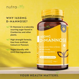D-Mannose 1650mg High Strength Capsules – 180 Vegan Friendly Capsules (Not Tablets) – 100% Natural Premium D Mannose Supplement – Made in The UK by Nutravita