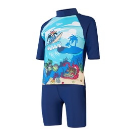 Speedo Boy's Learn to Swim Sun Protection Top & Shorts | Junior Boys | Holiday Wear | UVU Protection, Harmonyblu/Bondi/Becahblu/Wht, 9-12M9-12M