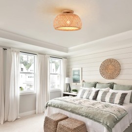 SEIHONG Bamboo Ceiling Light, Wicker Semi Flush Mount Ceiling Lighting Fixture Rattan Hand Woven Cage Boho Ceiling Lamp for Bedroom Hallway Kitchen