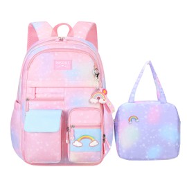 Kawaii Backpack for girls,17in Cute Gradient Rainbow School Backpack with Lunch Bag set,Embroidery Aesthetic Bookbags,Pink