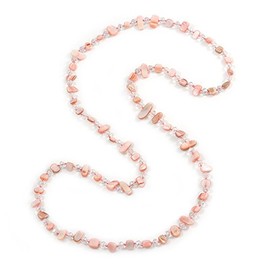 Avalaya Long Pastel Pale Pink/Transparent Shell Nugget and Glass Crystal Bead Necklace - 110cm L