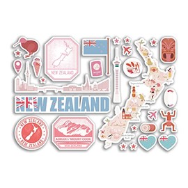 A5 Sticker Sheet New Zealand Pink Landmarks Vinyl Stickers - Map Airport Stamp Skyline Flag Travel Holiday Country City Aesthetic #80369