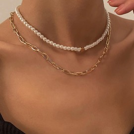 TseenYi Boho Paper Clip Pearl Necklace Vintage Pearl Necklace Choker Necklace Gold Layered Paper Clip Necklace Tiny Heart Pendant Necklace Jewellery for Women and Girls Gifts, Gold