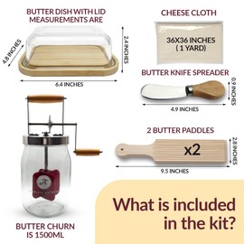 Butter Churner Set – Includes Glass Dish with Lid, Cheesecloth, Wooden Paddles & Knife Spreader – Butter Churn - Make Homemade Butter Fast & Easy