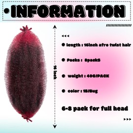 Springy Afro Twist Hair Pre Fluffed Marley Twist Braiding Hair Spring Twist Hair Wrapping Hair (1B-Bug, 16 inch(Pack of 8))