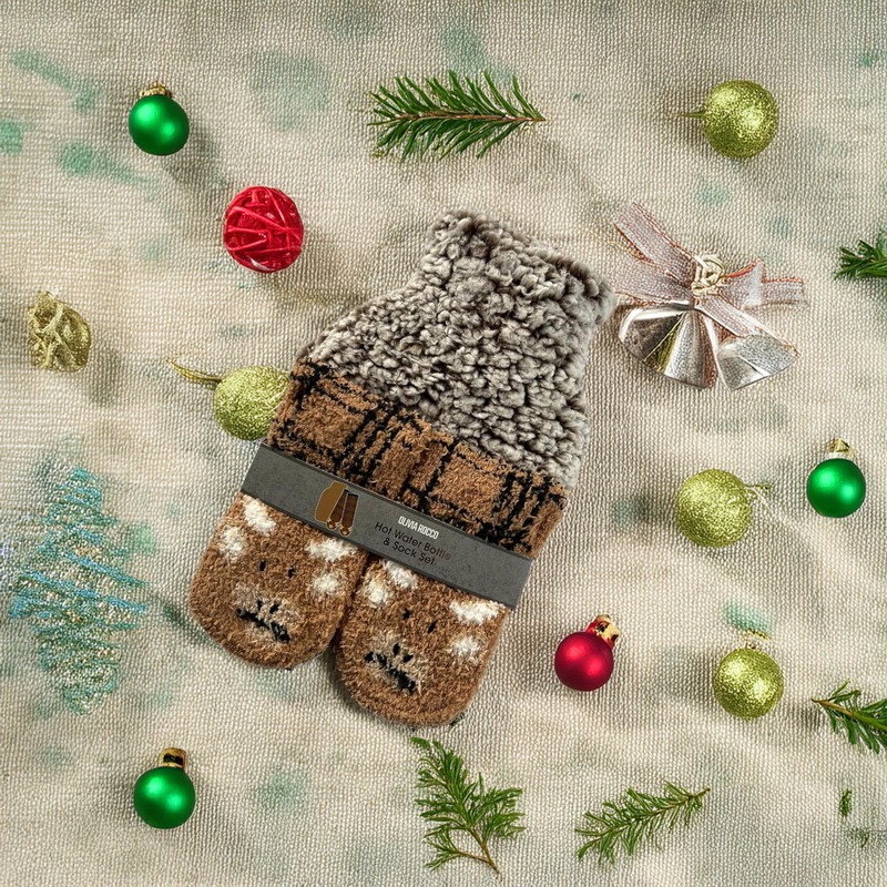 Olivia Rocco Hot Water Bottle & Socks Set Animal Design
