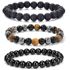 Uinsklm Mens Beaded Bracelet Triple Protection Natural Stone Bracelet Set 8MM Stretch Black Obsidia Hematite Lava Rock Tiger Eye Beads Bracelets Adjustable Black Crystal Beaded Bracelet for Men Father Brother Jewelry Gifts