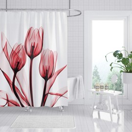 M&W DasDesign Shower Curtain Rose Tulips Flowers Plants Bathroom Textile Curtain Anti-Mould Effect Leaves Washable Shower Curtain Bath Includes 12 C-Rings Weight Bottom 180 x 200 cm (W x H)