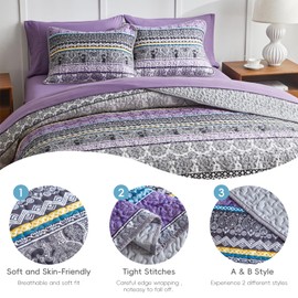 3 Pieces Colorful Boho Quilt Set Full Queen Size, Purple n Grey Bohemian Striped Printed Bedding Bedspread Coverlet Set for Summer, Soft Lightweight Microfiber Quilt with 2 Shams (88x88 inces)