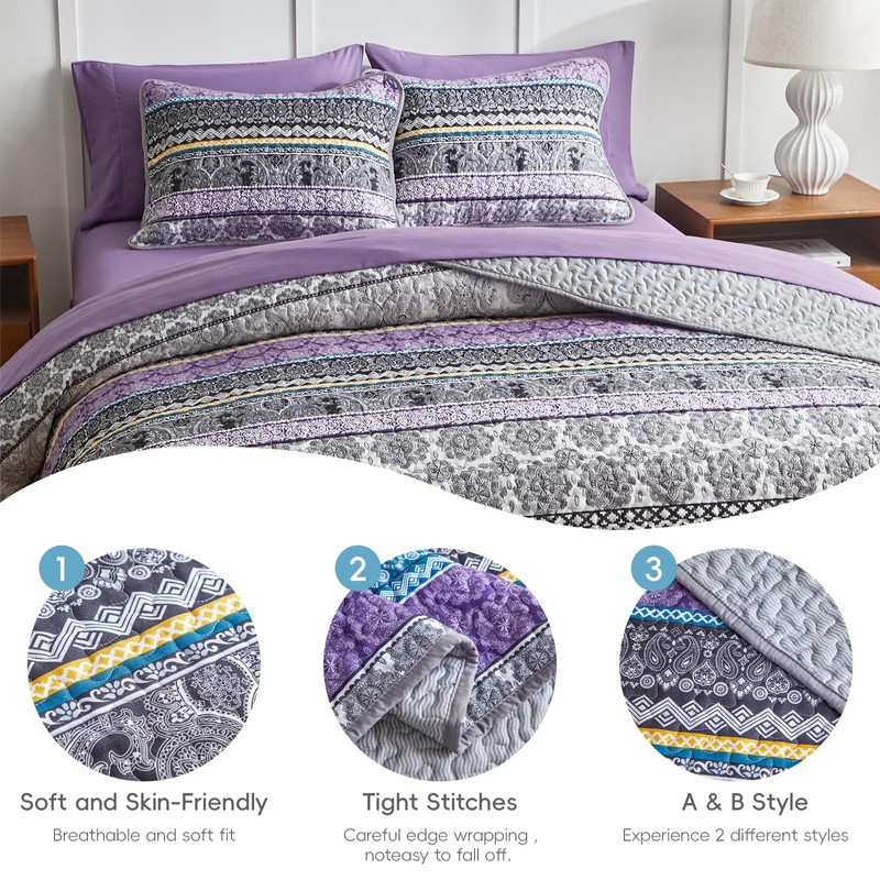 3 Pieces Colorful Boho Quilt Set Full Queen Size, Purple