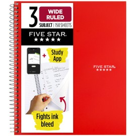 Five Star Spiral Notebook + Study App, 3 Subject, Wide Ruled Paper, 10-1/2" x 8", 150 Sheets, Red (72029)