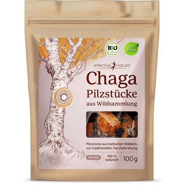 effective nature Organic Chaga Mushroom Chunks 100 g - Wild Harvested from Estonian Birch Forests - Vegan & Raw Food Quality - Ideal for Premium Chaga Tea & Coffee