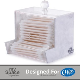 Marble Acrylic Qtip Holder for Qtip Brand Cotton Swab Holder, Qtip Dispenser, Modern Bathroom Decor Organizer for Countertop Vanity Storage (White Marble)