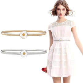 ROLMZJX Pack of 2 Women's Metal Thin Belt, Elastic Metal Waist Belt, Children's Skinny Gold Metal Waist Belt, Women's Thin Metal Belt, Fashion Dresses Belt for Women, Gold, silver.