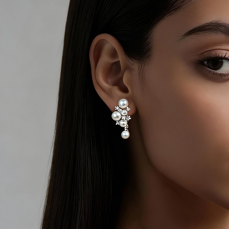 Pearl Earrings for Women, 14K Silver Plated Pearl CZ Dangle