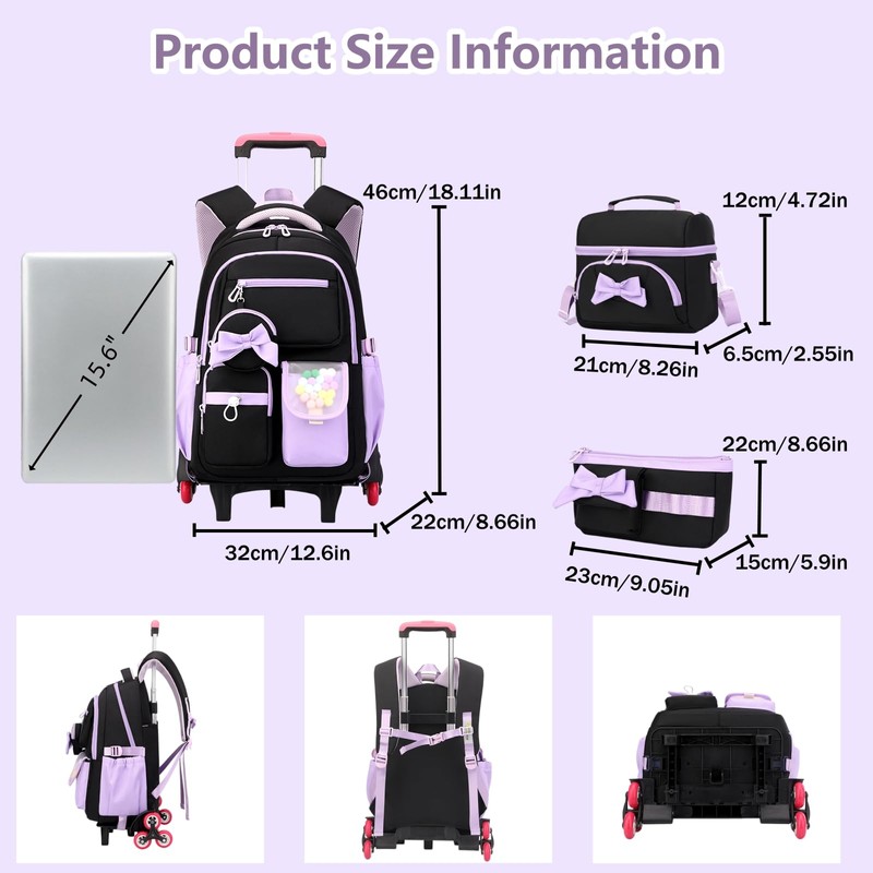 Mildame 3Pcs Girls Rolling Backpack Cute Bowknot Backpack with Wheels
