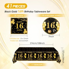 Juego de 41 decoraciones de cumpleaños 16 para niños y niñas, juego de suministros de fiesta de 16 unidades, color negro, dorado, dulce, decoración de fiesta de cumpleaños para niñas y niños, platos