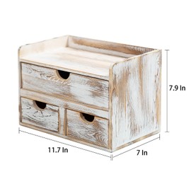Rustic Distressed white 3-Tier Wood Desk Organizer with 3 Drawers Mini Storage Shelf For Desk, Toiletries Vanity Office Supplies (Vintage white)