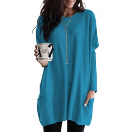 Womens Long Sleeve Long Tunic Tops for Leggings with Pockets Oversized Casual Long T Shrits(Teal,XL)