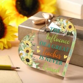 Perthlin Best Teacher Appreciation Gifts for Women Thank You Teacher Gifts from Student Graduation End of Year Acrylic Present for Office Desk Paperweight Keepsake Decor(Heart Sunflower)
