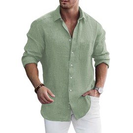 Elanbells Men Linen Dress Muscle Fit Button Up Long Sleeves Shirt Chambray Business Shirt