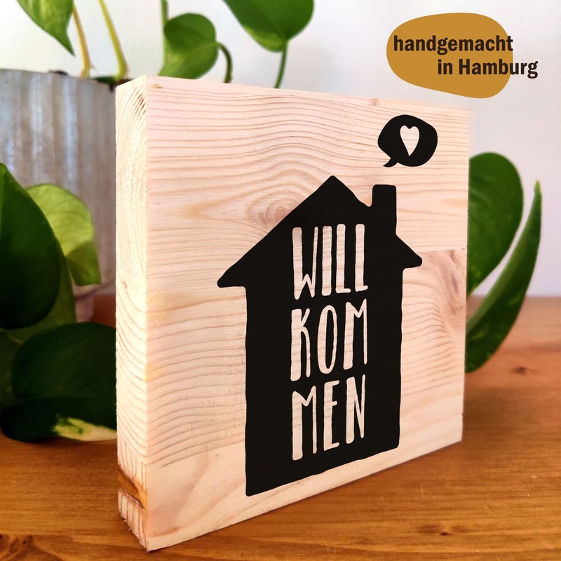 Willkommensgeschenk - Willkommen Holzbild + Reagenzglas zum Hinstellen opt. als