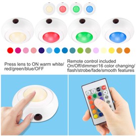 BIGMONAT Dimmable Puck Lights with Remote, AA Battery Powered Closet Lights with 16 Colors Changing,Wireless Under Cabinet Lighting Tap Lights Stick on Shelf Counter Kitchen Bedroom Bedboard Bunkboard