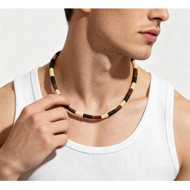 TCQVQT Puka Shell Necklace for Men Summer Beach Surfer Choker Necklace for Him Boyfriend Anniversary Jewelry (Black Coffe White)