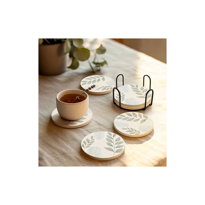VEYRO Absorbent Ceramic Coasters Set of 6 with Holder