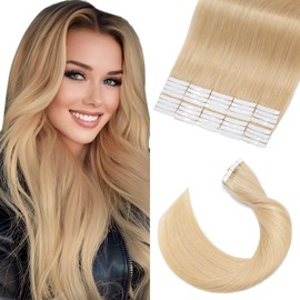Elailite Tape in Hair Extensions Human Hair Full Head 40 pcs Straight Skin Weft Real Remy Hair Extension (22 inches 100g, 40pcs/set, #24 Natural Blonde)