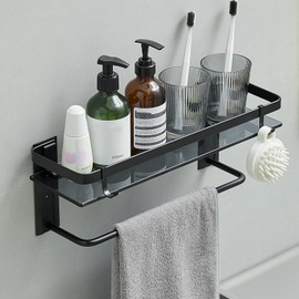 VOLPONE Glass Shelf for Bathroom 15.7 in Black Bathroom Shelves Wall Mounted Tempered Glass Shelving with 2 Removable Hooks (1 Tier)