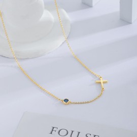 Gold Cross Necklace for Women, Dainty 14k Gold Plated Small Sideways Cross Birthstone Necklace, Simple Trendy Cute Cubic Zircon Choker Jewelry Christmas Religious Minimalist Gift Blue