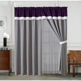 All American Collection New 4 Piece Curtain Set with Attached Sheer Backing (Curtain, Purple/Grey)