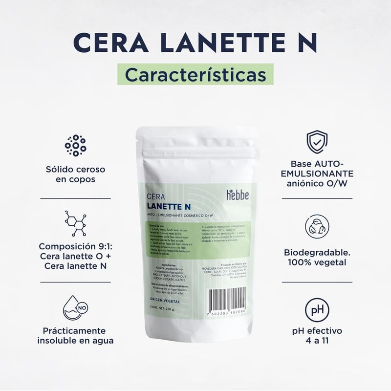 Hebbe - Lanette N, Emulsionante y Estabilizante para Cosméticos, 250