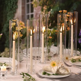 Volens Hurricane Glass Candle Holders - Set of 12 Candlestick Holders for Taper Candles with Windproof Cylinder Covers 14" Tall Clear Glass Chimney Cover for Wedding Table Centerpiece Fall Home Decor