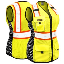 KwikSafety - Charlotte, NC - QUEEN BEE Premium Safety Vest for Women [SNUG FIT + HONEYCOMB Design] 10 Pockets Class 2 Hi Vis ANSI OSHA Reflective Construction Work PPE/Yellow Large