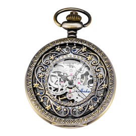 TREEWETO Hollow Silver Flower Vine Skeleton Roman Numerals Mechanical Pocket Watch, brown (bronze), Retro