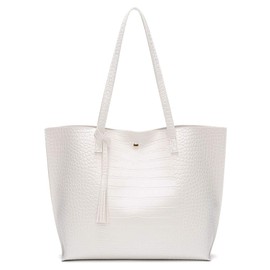 Dreubea Women's Soft Faux Leather Tote Shoulder Bag from, Big Capacity Tassel Handbag, White-cro, One Size