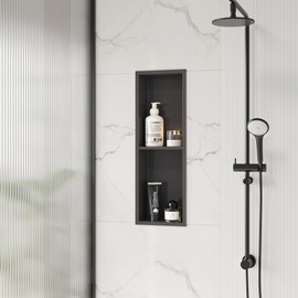Qeke Stainless Steel Shower Niche 24" X 8", No Tile Needed Wall Niche Double Shelves, Recessed Shower Shelf for Bathroom Storage, Gun Metal