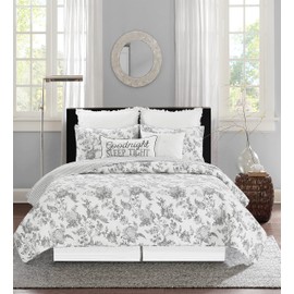C&F Home Miriam Slate Full/Queen 3 Piece Reversible Coverlet Quilt Set With 2 Standard Shams Quilt Set Grey And White Toile Floral Elegant Reverse To Grey And White Stripe Full/Queen 3 Piece Set Slate