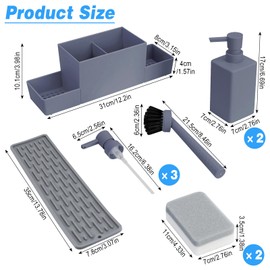 Haisheng 1 Set Kitchen Soap Dispenser, Grey 2 Pack Soap Dispenser Bottle with 3 Pumps, Sponges, Brush, Drainer Tray, 350ML Shampoo Lotion Bottle for Kitchen and Bathroom