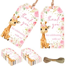 Diartpaint Giraffe Theme Party Supplies 50pcs Jungle Giraffe Thank You Cards Pink Giraffe Thank You Tags Labels with String Animal Zoo Girl Jungle Safari Party Favors Gift Tag for Birthday Baby Shower