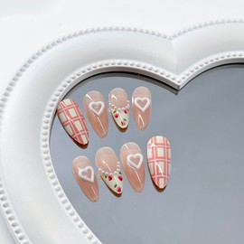 Cute Press on Nails Medium Almond French Tip Fake Nails Pink Full Cover Strawberry False Nails with Designs Pearl Glossy Glue on Nails Cute Acrylic Artificial Nails for Women Girls 24Pcs